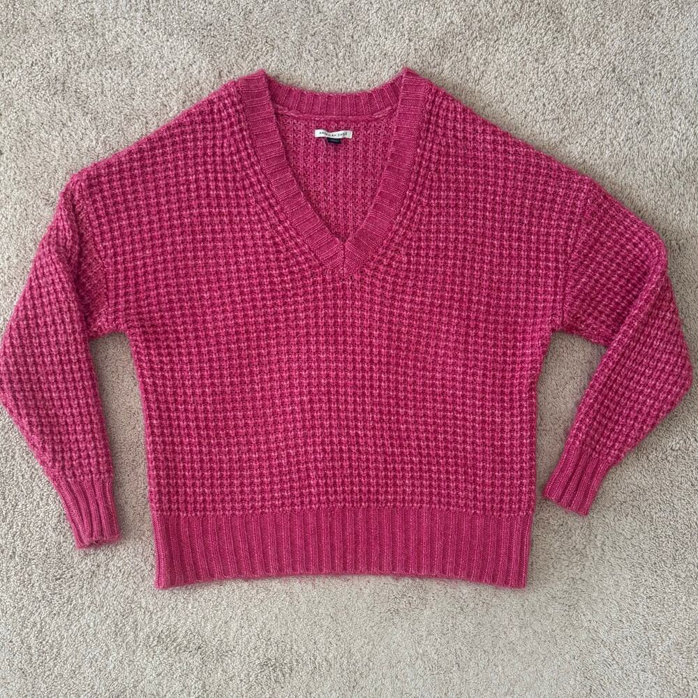 American Eagle AEO Pink V Neck Sweater Waffle Weave XS Boxy Oversized